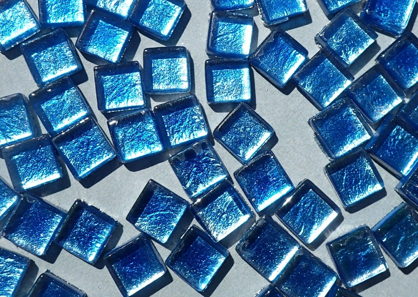 Blue Foil Square Crystal Tiles - 10mm - 50g Metallic Glass Tiles in Dark Aqua - Approx 50 Tiles