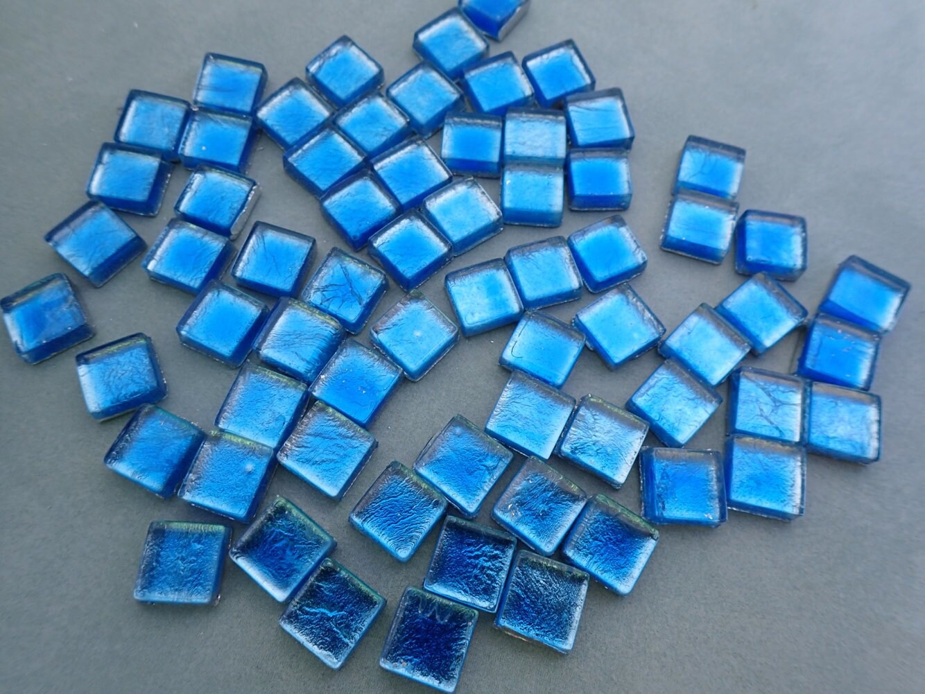 Blue Foil Square Crystal Tiles - 10mm - 50g Metallic Glass Tiles in Dark Aqua - Approx 50 Tiles