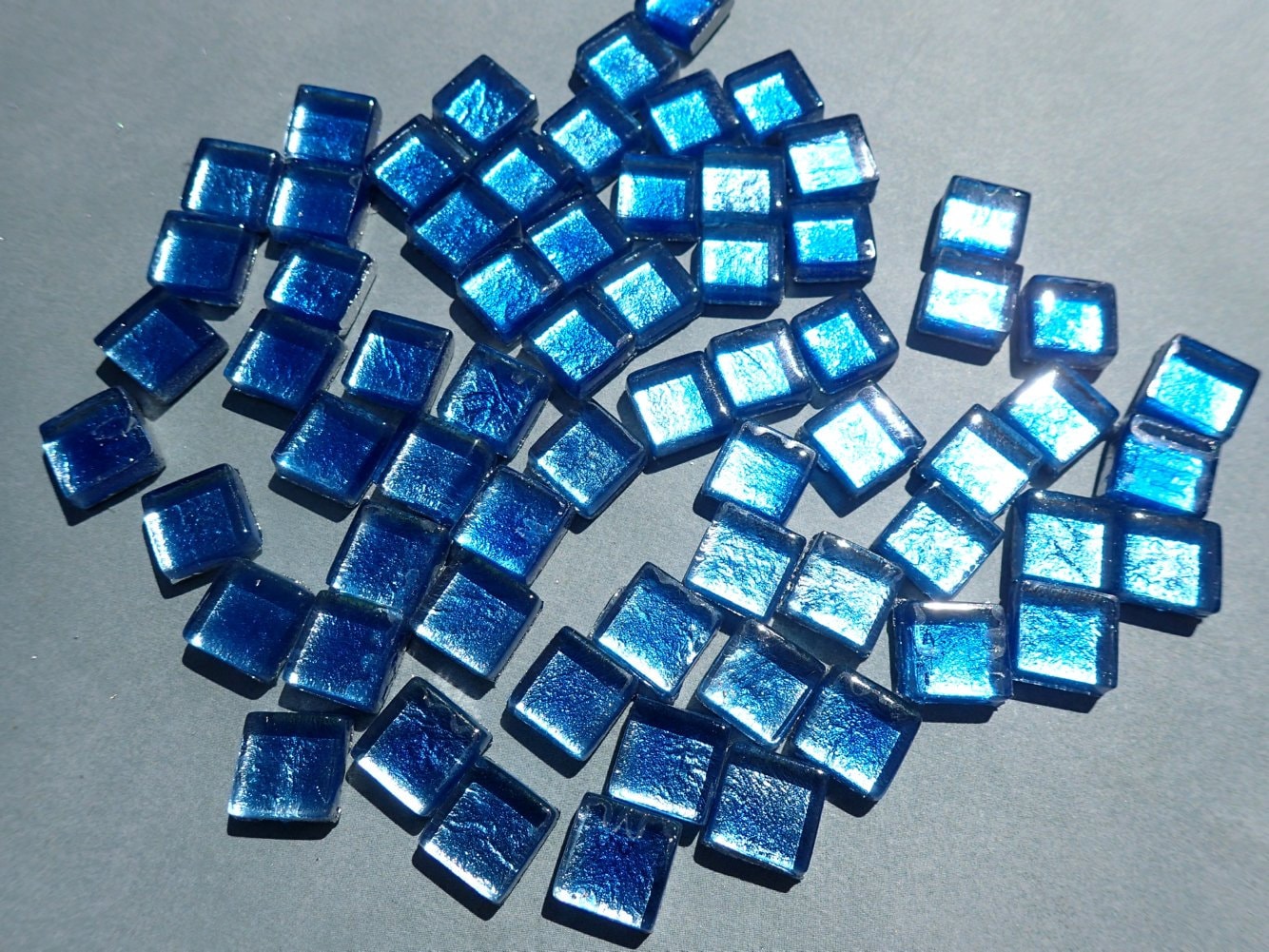 Blue Foil Square Crystal Tiles - 10mm - 50g Metallic Glass Tiles in Dark Aqua - Approx 50 Tiles