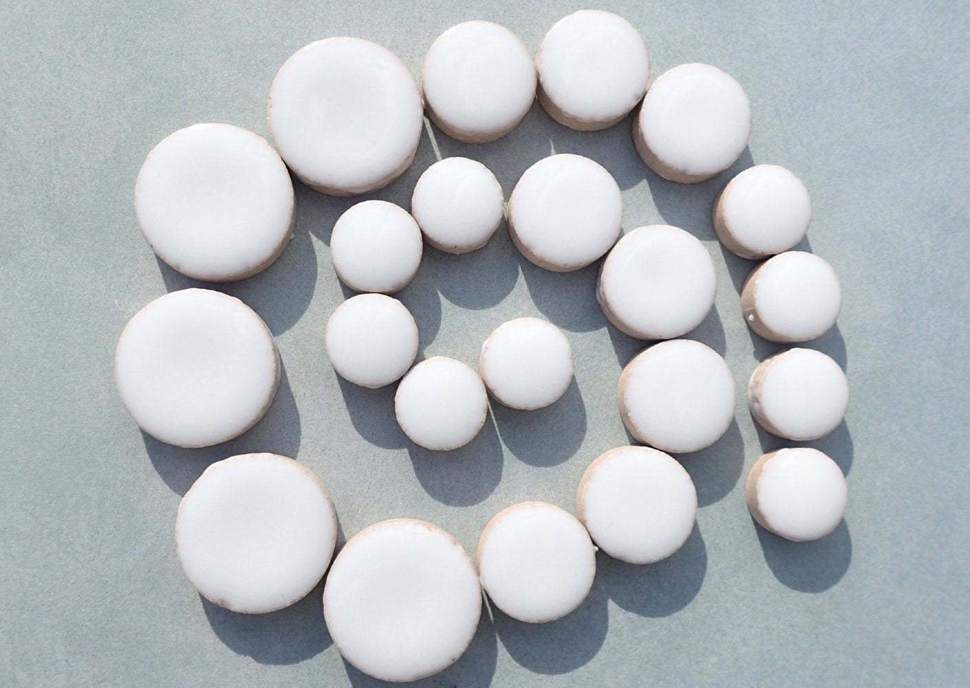 White Circles Mosaic Tiles - 50g Ceramic in Mix of 3 Sizes 1/2" and 3/4" and 5/8"