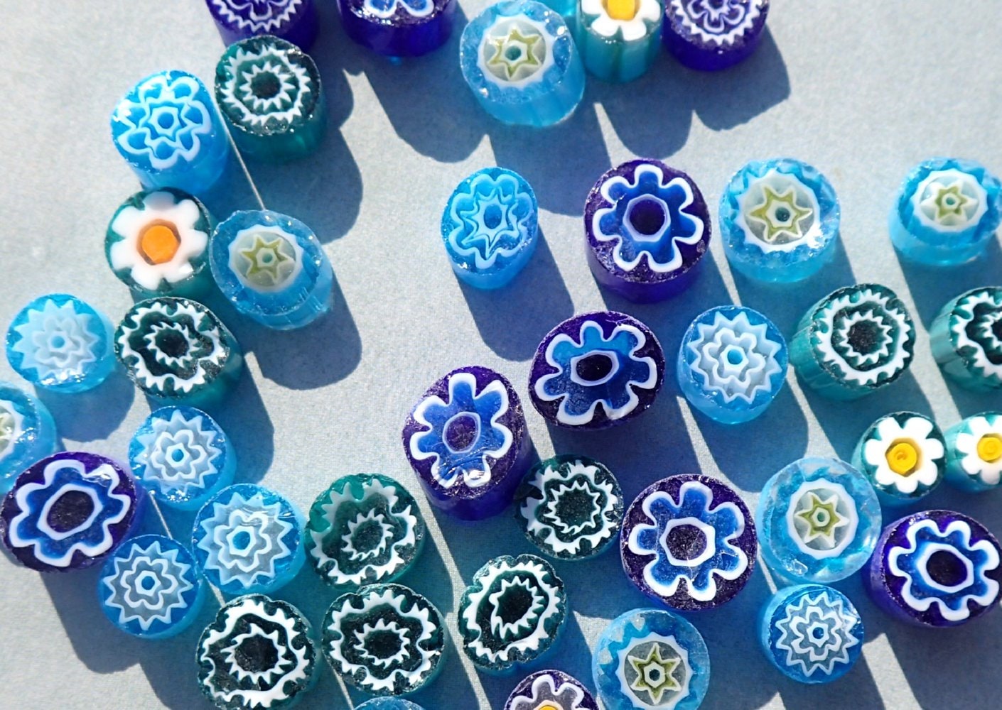 By the Sea Blue Millefiori - 25 grams - Unique Mosaic Glass Tiles - Mix of Different Floral Patterns