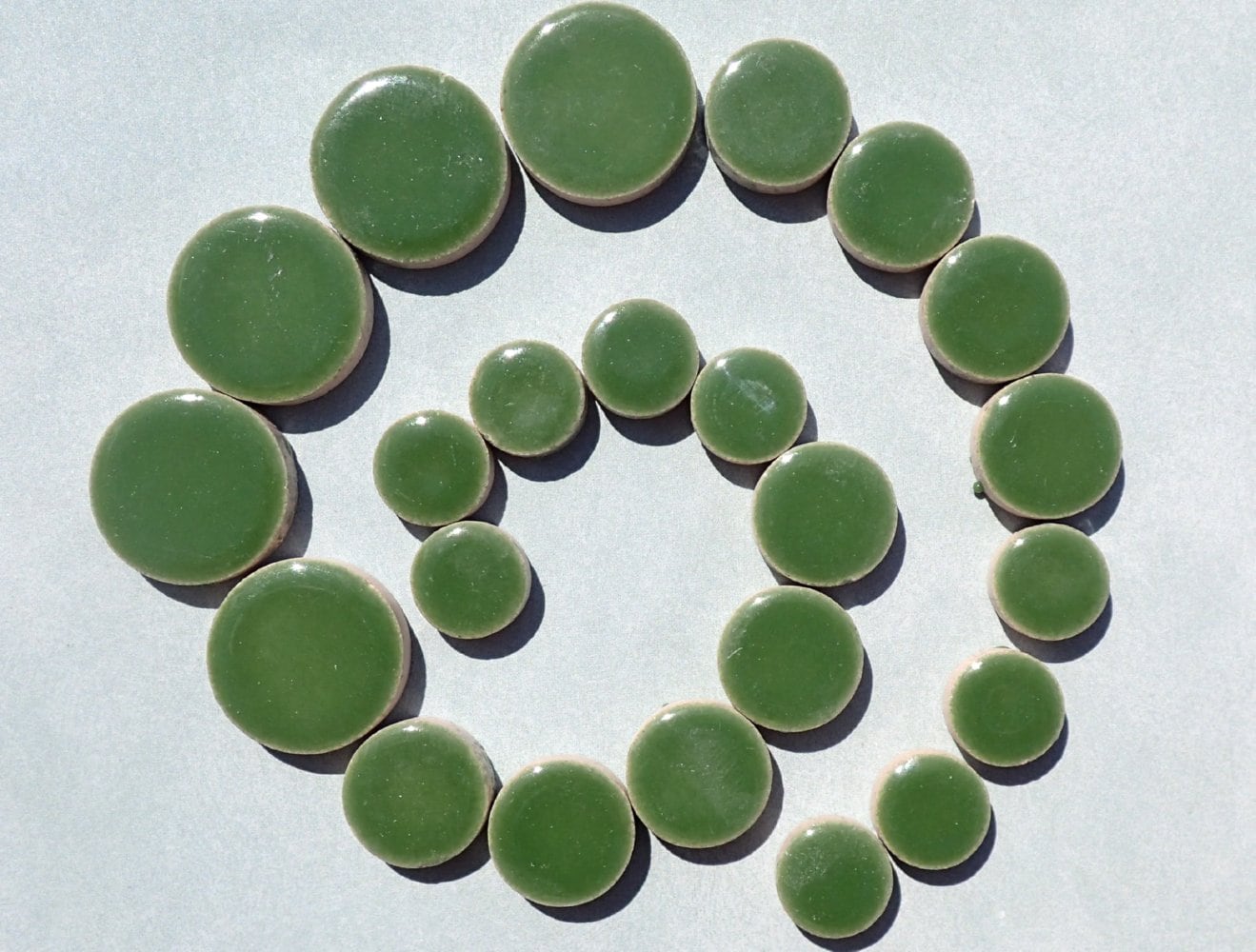 Eucalyptus Green Circles Mosaic Tiles - 50g Ceramic in Mix of 3 Sizes 1/2" and 3/4" and 5/8"