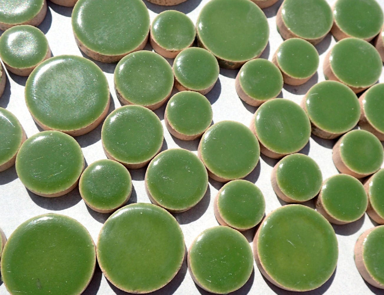 Eucalyptus Green Circles Mosaic Tiles - 50g Ceramic in Mix of 3 Sizes 1/2" and 3/4" and 5/8"