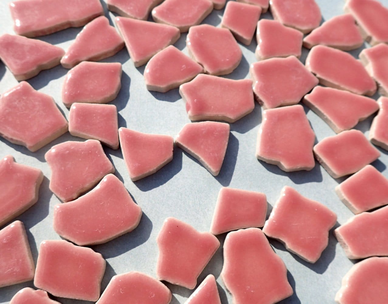 Dusty Pink Mosaic Ceramic Tiles - Jigsaw Puzzle Shaped Pieces - Half Pound - Assorted Sizes Random Shapes