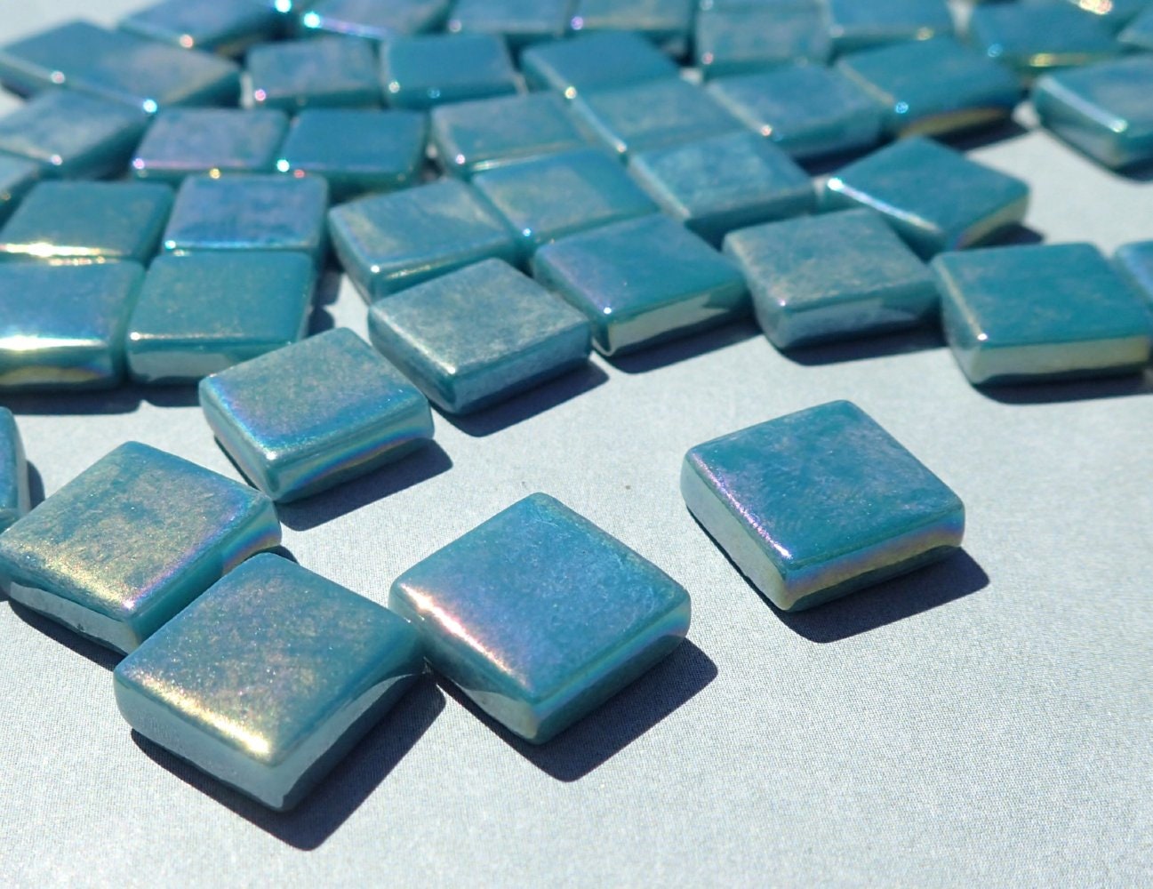 Dark Teal Iridescent Glass Square Mosaic Tiles - 12mm - Opaque Glass Solid Color - 50g of Squares