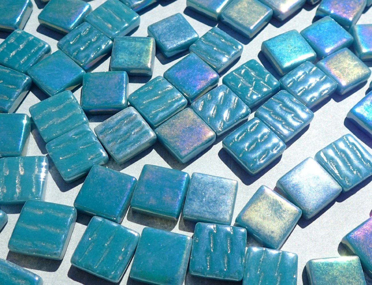 Dark Teal Iridescent Glass Square Mosaic Tiles - 12mm - Opaque Glass Solid Color - 50g of Squares