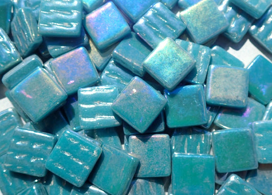 Dark Teal Iridescent Glass Square Mosaic Tiles - 12mm - Opaque Glass Solid Color - 50g of Squares