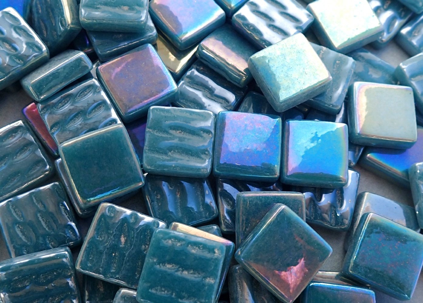 Dark Teal Iridescent Glass Square Mosaic Tiles - 12mm - Opaque Glass Solid Color - 50g of Squares