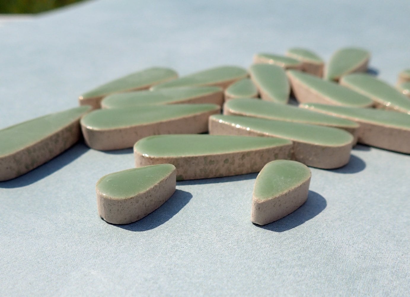 Jade Green Teardrop Mosaic Tiles - 50g Ceramic Petals in Mix of 2 Sizes 1/2" and 3/5"