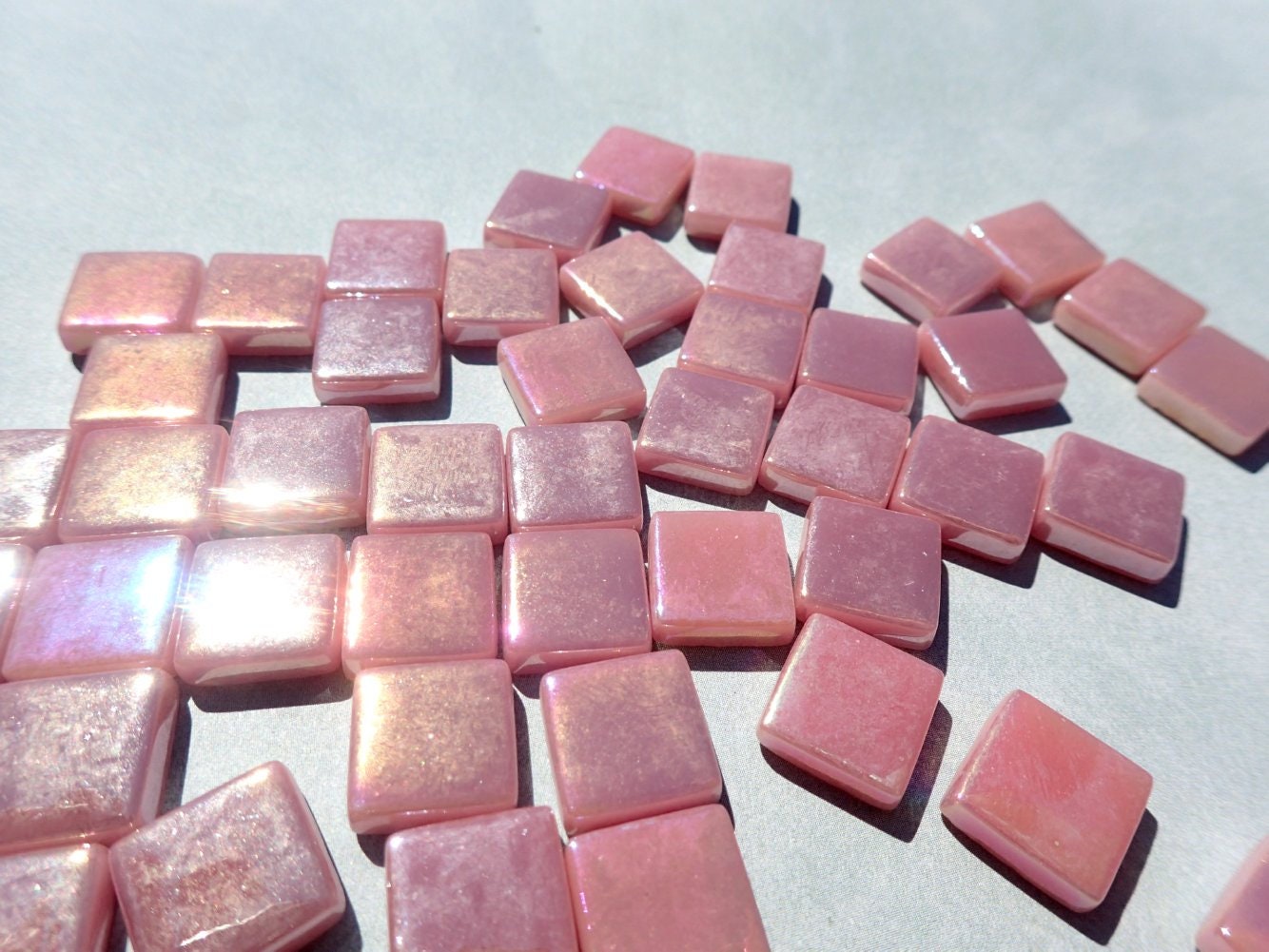 Rose Iridescent Glass Square Mosaic Tiles - 12mm - Deep Pink Opaque Glass Solid Color - 50g of Squares - Approx 35 Tiles