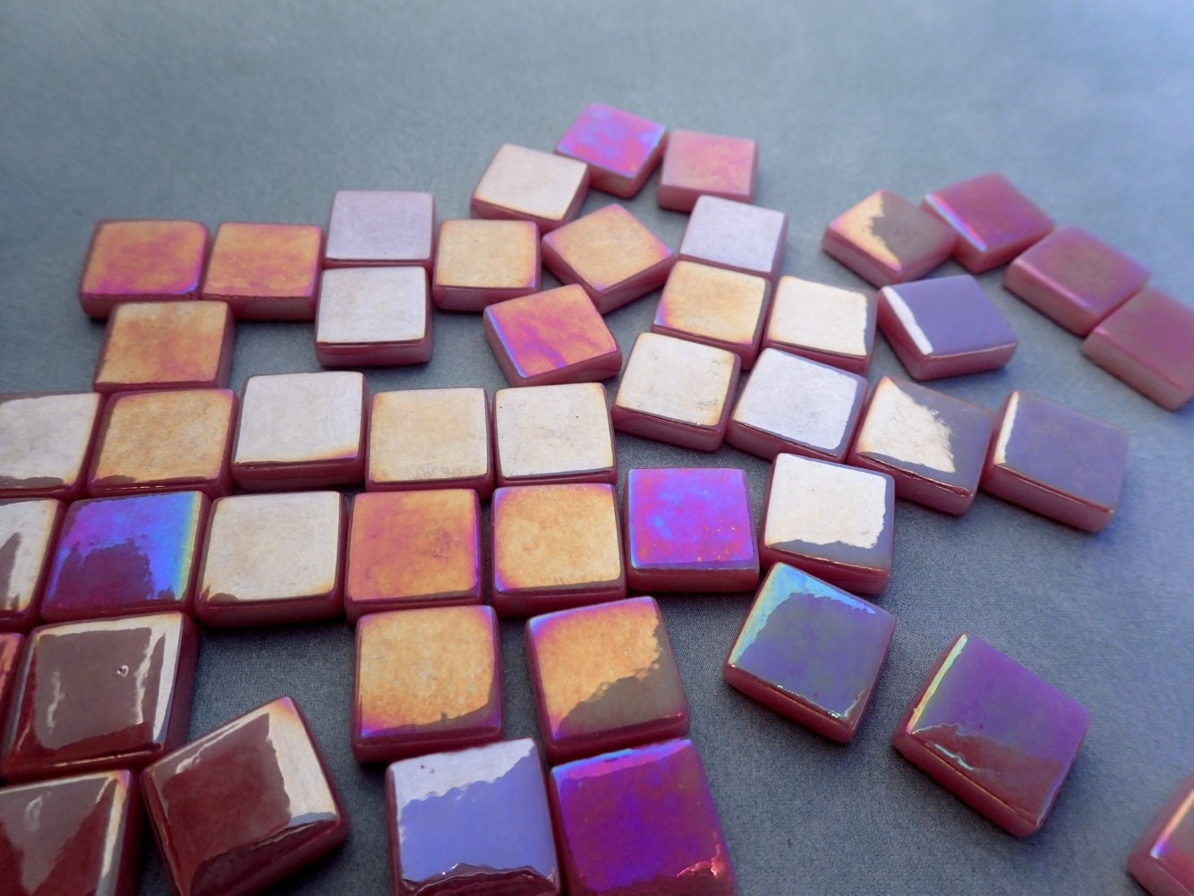 Rose Iridescent Glass Square Mosaic Tiles - 12mm - Deep Pink Opaque Glass Solid Color - 50g of Squares - Approx 35 Tiles