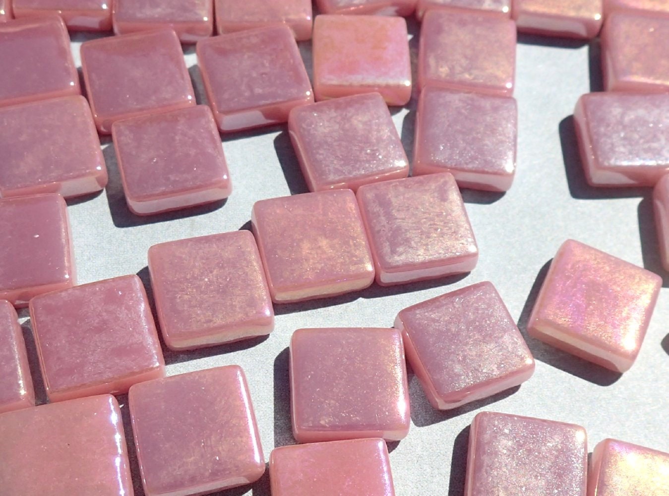 Rose Iridescent Glass Square Mosaic Tiles - 12mm - Deep Pink Opaque Glass Solid Color - 50g of Squares - Approx 35 Tiles