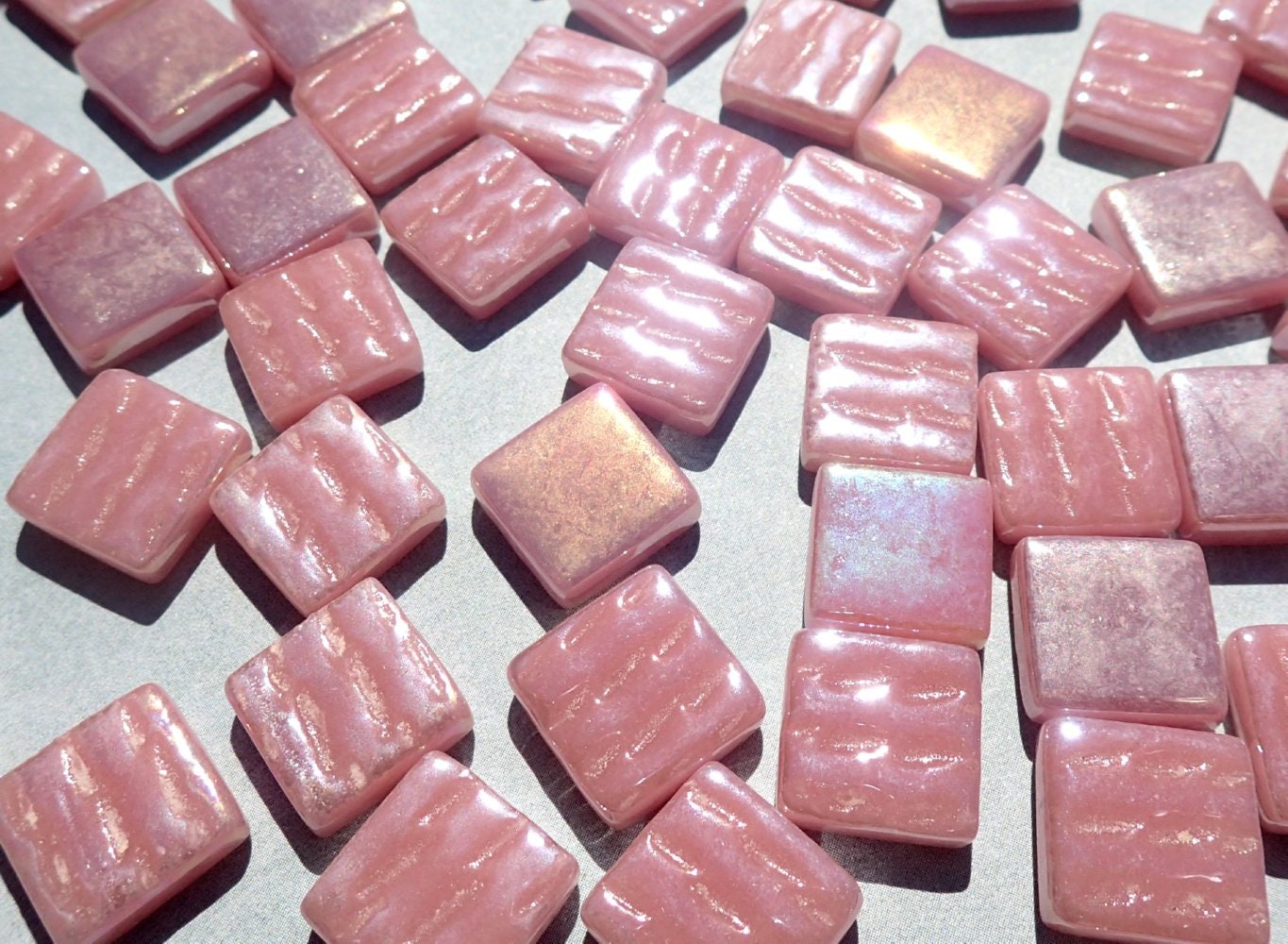 Rose Iridescent Glass Square Mosaic Tiles - 12mm - Deep Pink Opaque Glass Solid Color - 50g of Squares - Approx 35 Tiles