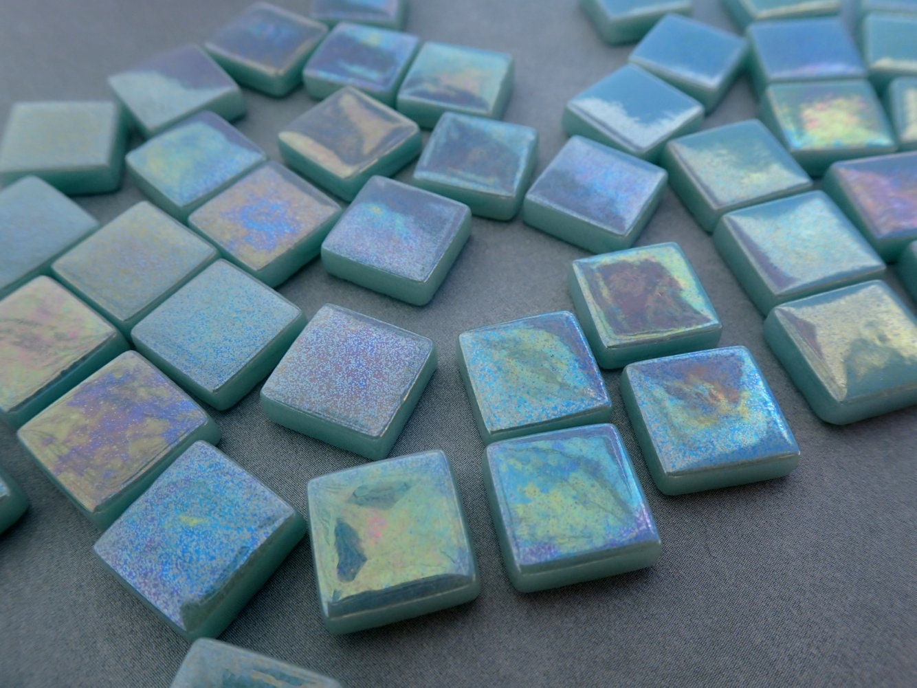 Light Teal Iridescent Glass Square Mosaic Tiles - 12mm - Opaque Glass Solid Color - 50g - Approx 35 Tiles