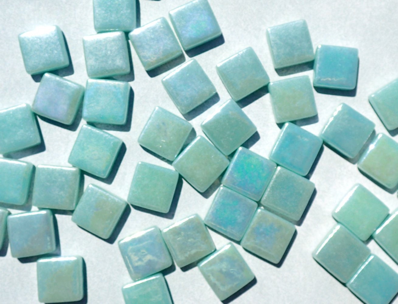 Light Teal Iridescent Glass Square Mosaic Tiles - 12mm - Opaque Glass Solid Color - 50g - Approx 35 Tiles