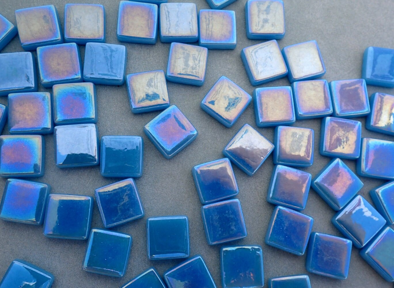 Lake Blue Iridescent Glass Square Mosaic Tiles - 12mm - Opaque Glass Solid Color - 50g of Squares in Dusk Blue - Approx 35 Tiles