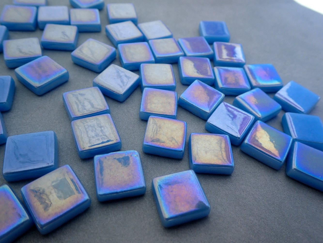 Lake Blue Iridescent Glass Square Mosaic Tiles - 12mm - Opaque Glass Solid Color - 50g of Squares in Dusk Blue - Approx 35 Tiles