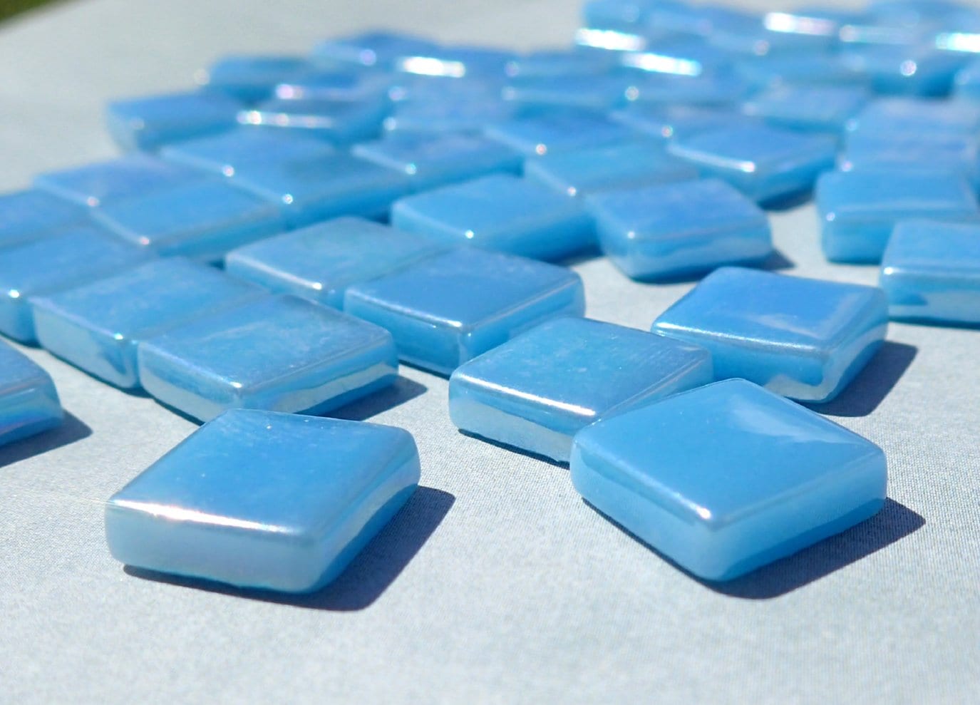 Lake Blue Iridescent Glass Square Mosaic Tiles - 12mm - Opaque Glass Solid Color - 50g of Squares in Dusk Blue - Approx 35 Tiles