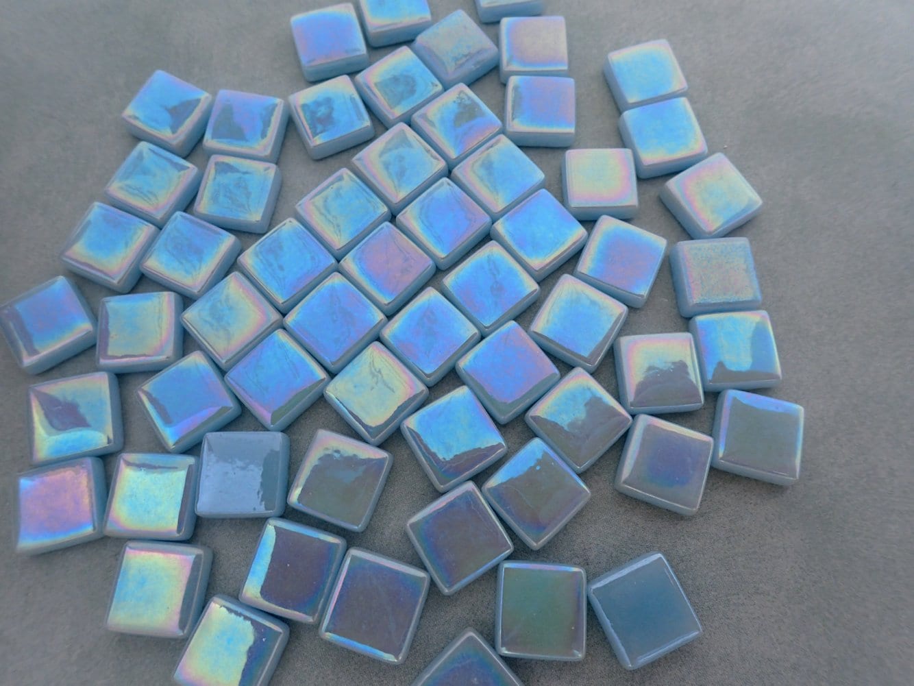 Aqua Blue Iridescent Glass Square Mosaic Tiles - 12mm - Opaque Glass Solid Color - 50g of Squares - Approx 35 Tiles