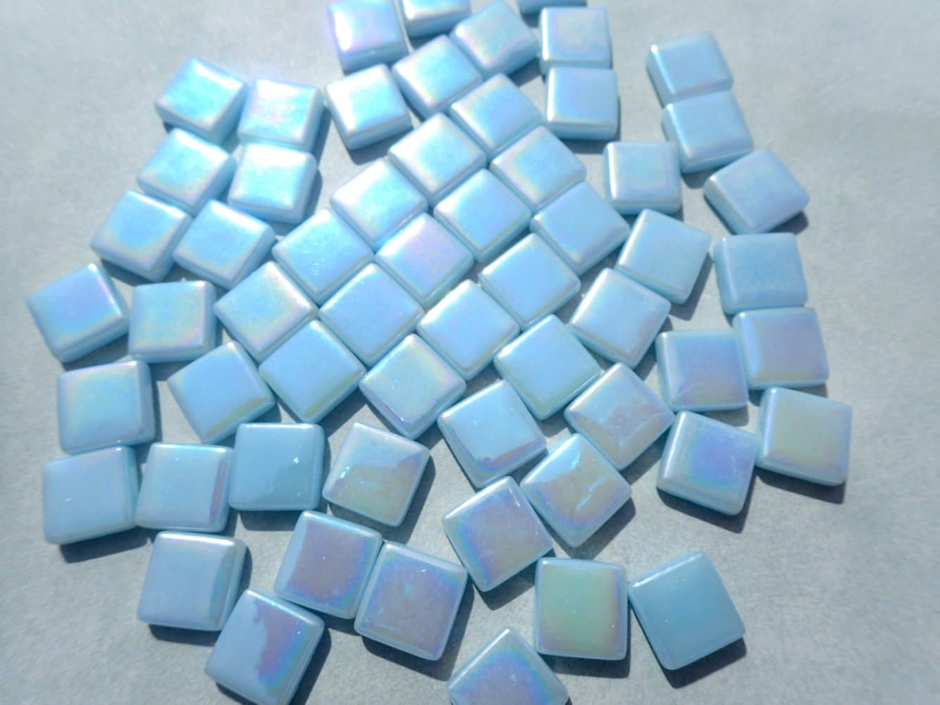 Aqua Blue Iridescent Glass Square Mosaic Tiles - 12mm - Opaque Glass Solid Color - 50g of Squares - Approx 35 Tiles