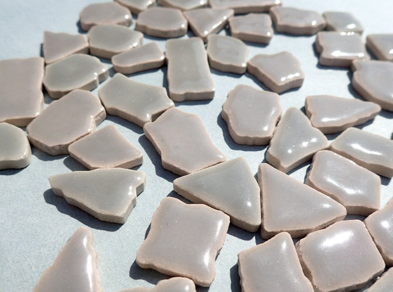 Gray Mosaic Ceramic Tiles - Jigsaw Puzzle Shaped Pieces - Half Pound - Assorted Sizes Random Shapes