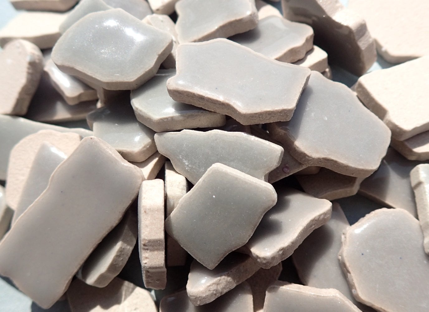 Gray Mosaic Ceramic Tiles - Jigsaw Puzzle Shaped Pieces - Half Pound - Assorted Sizes Random Shapes