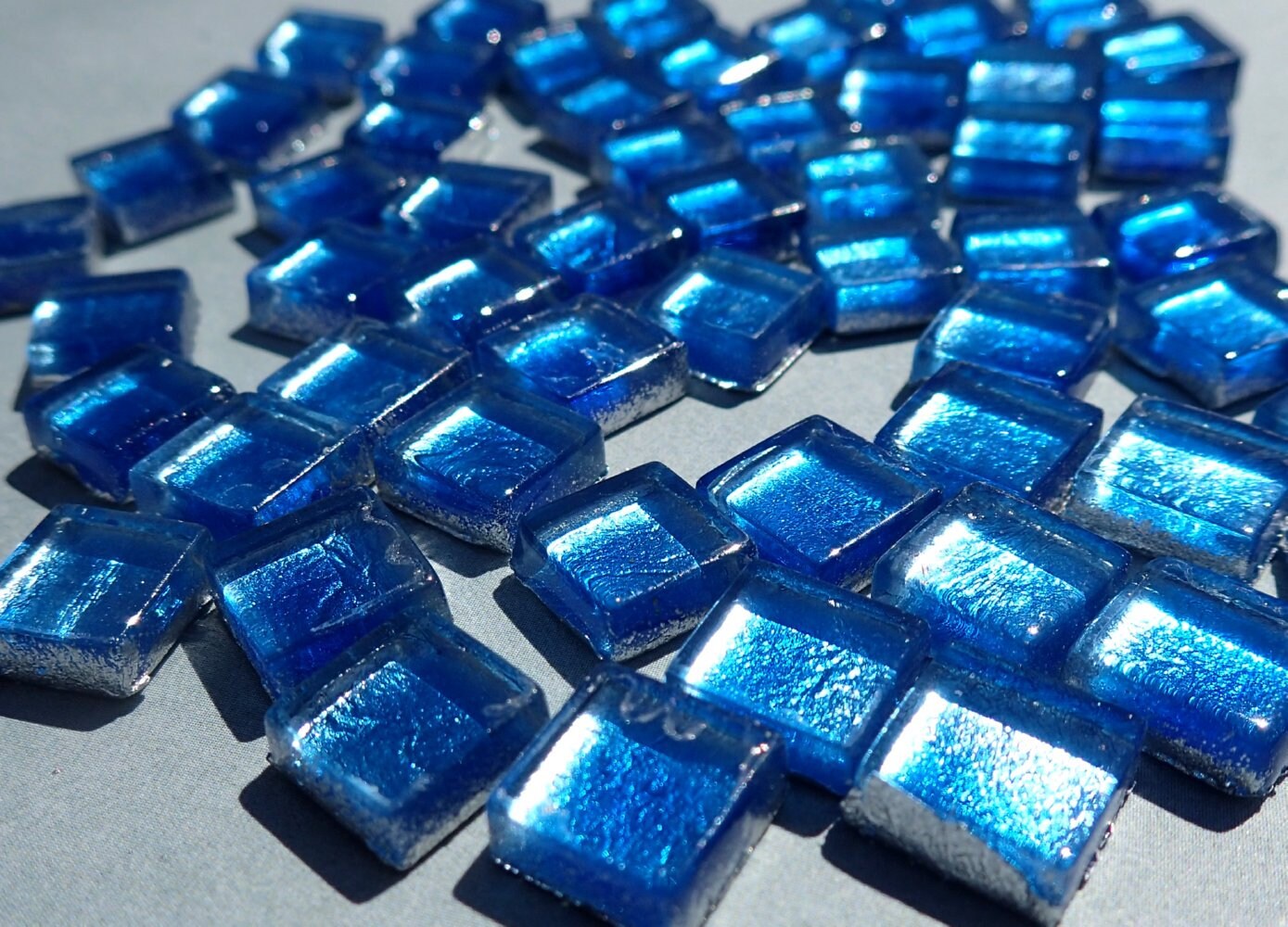 Blue Foil Square Crystal Tiles - 10mm - 50g Metallic Glass Tiles in Dark Aqua - Approx 50 Tiles