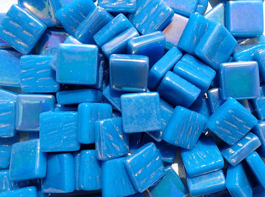 Dark Lake Blue Iridescent Glass Square Mosaic Tiles - 12mm - 50g - Approx 35 Tiles