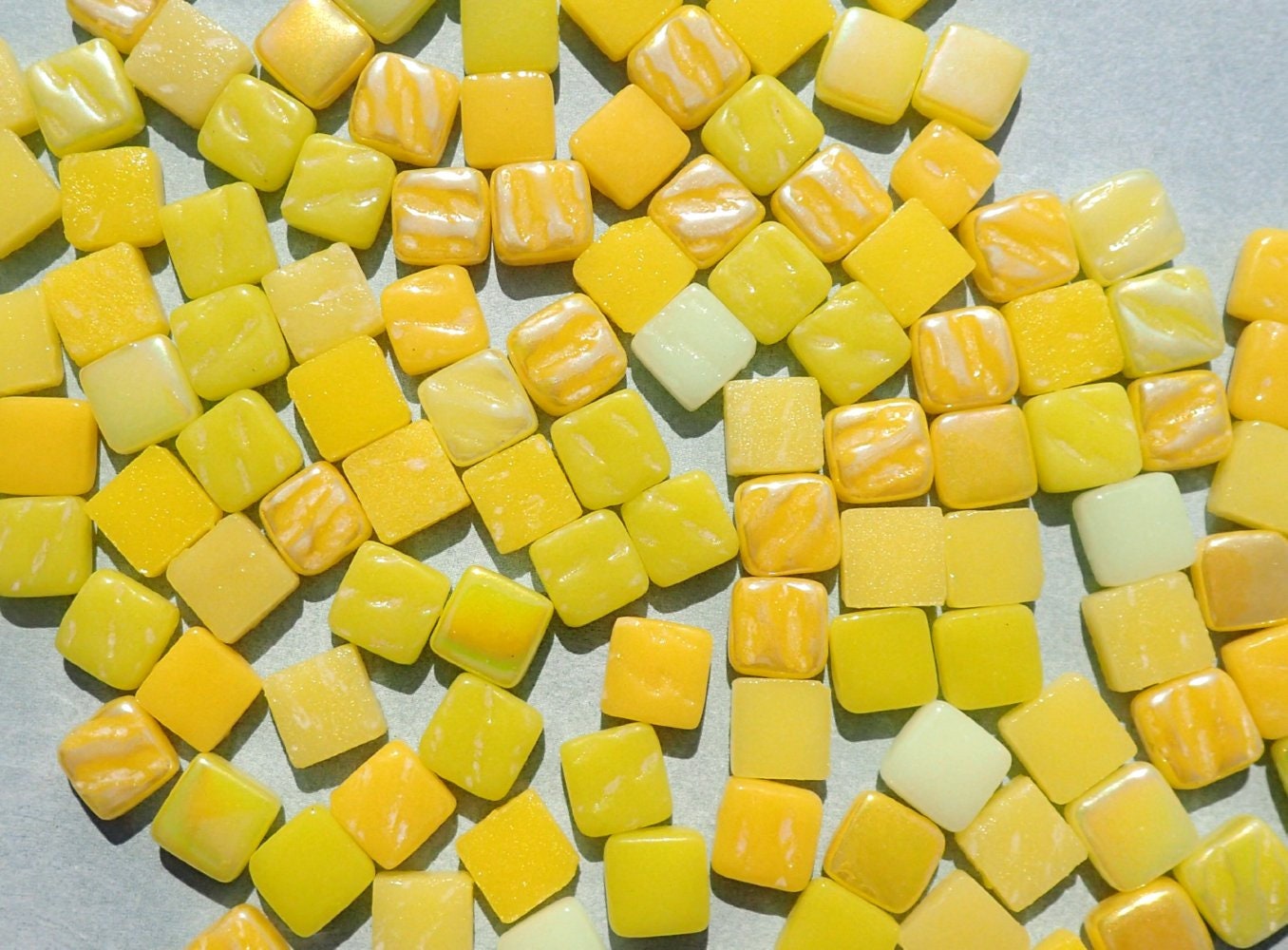 Ripe Lemons Mix Mini Glass Tiles - 8mm Square - 50 grams Opaque Glass Solid Color Mix of Bright and Pale Yellow Iridescent and Matte Tiles