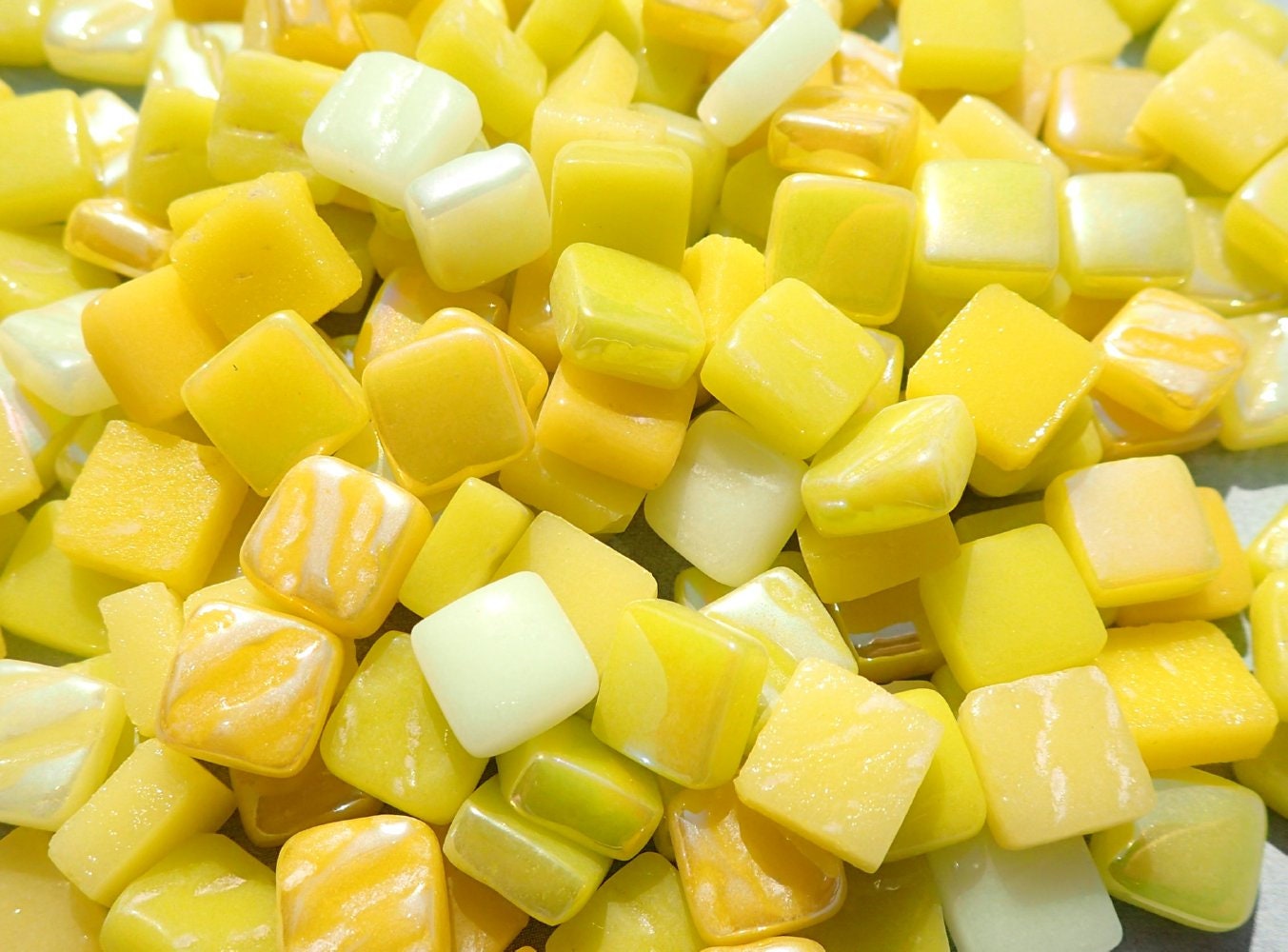 Ripe Lemons Mix Mini Glass Tiles - 8mm Square - 50 grams Opaque Glass Solid Color Mix of Bright and Pale Yellow Iridescent and Matte Tiles