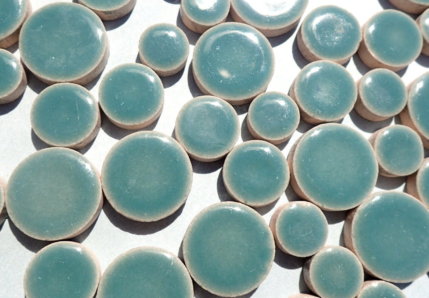 Deep Sea Green Circles Mosaic Tiles - 50g Ceramic in Mix of 3 Sizes 1/2" and 3/4" and 5/8" in Phthalo Green