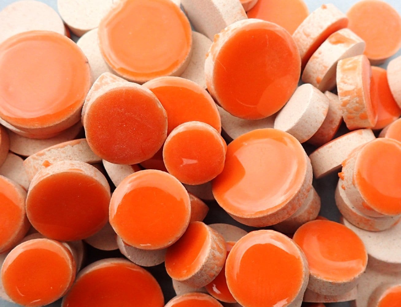 Orange Circles Mosaic Tiles - 50g Ceramic in Mix of 3 Sizes 1/2" and 3/4" and 5/8"