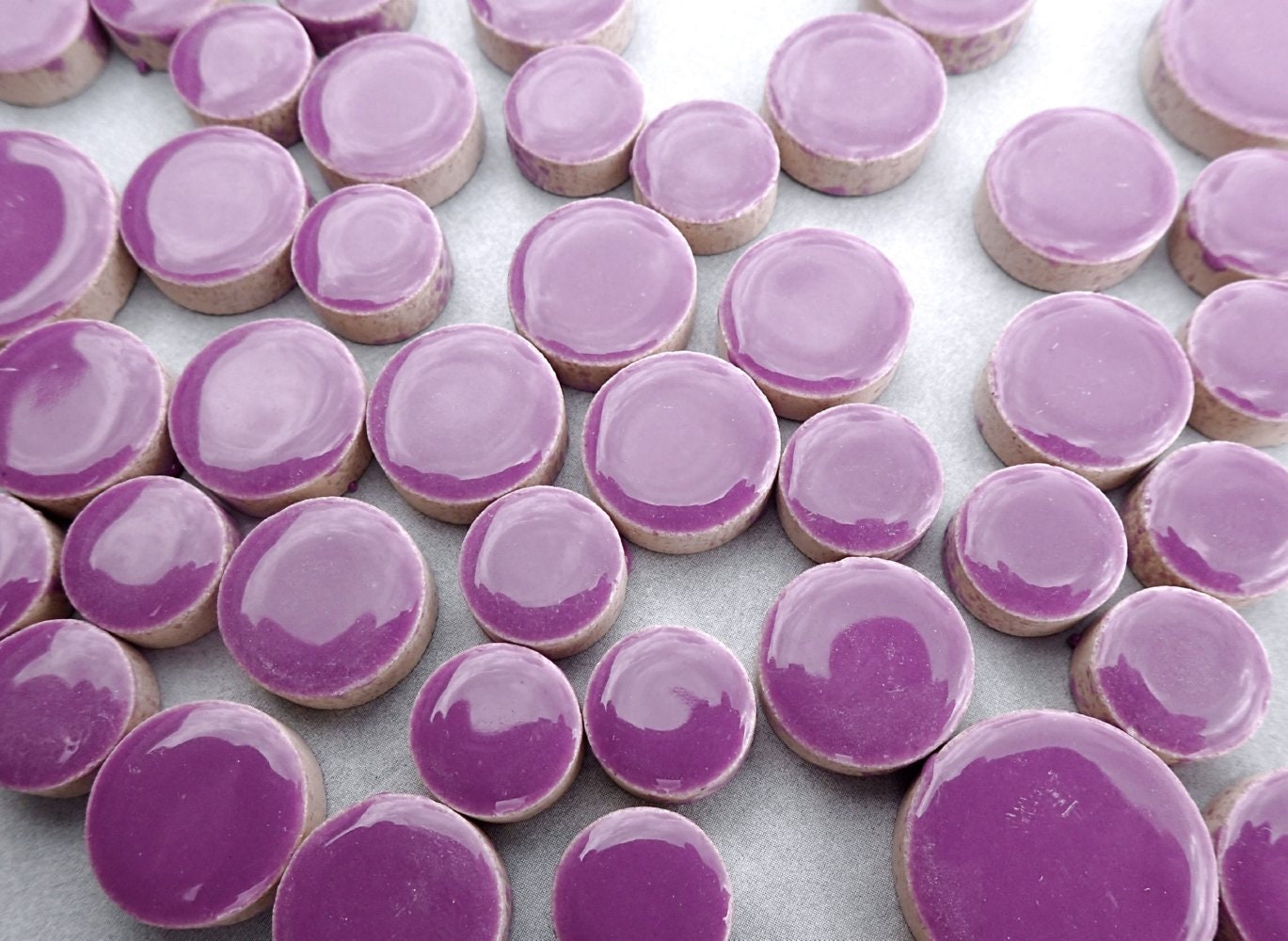 Purple Circles Mosaic Tiles - 50g Ceramic in Mix of 3 Sizes 1/2" and 3/4" and 5/8"