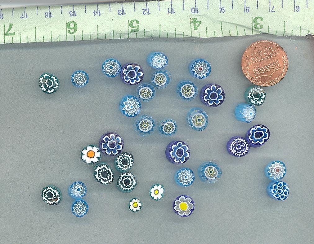 By the Sea Blue Millefiori - 25 grams - Unique Mosaic Glass Tiles - Mix of Different Floral Patterns