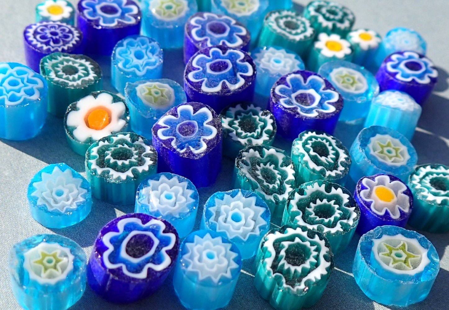 By the Sea Blue Millefiori - 25 grams - Unique Mosaic Glass Tiles - Mix of Different Floral Patterns