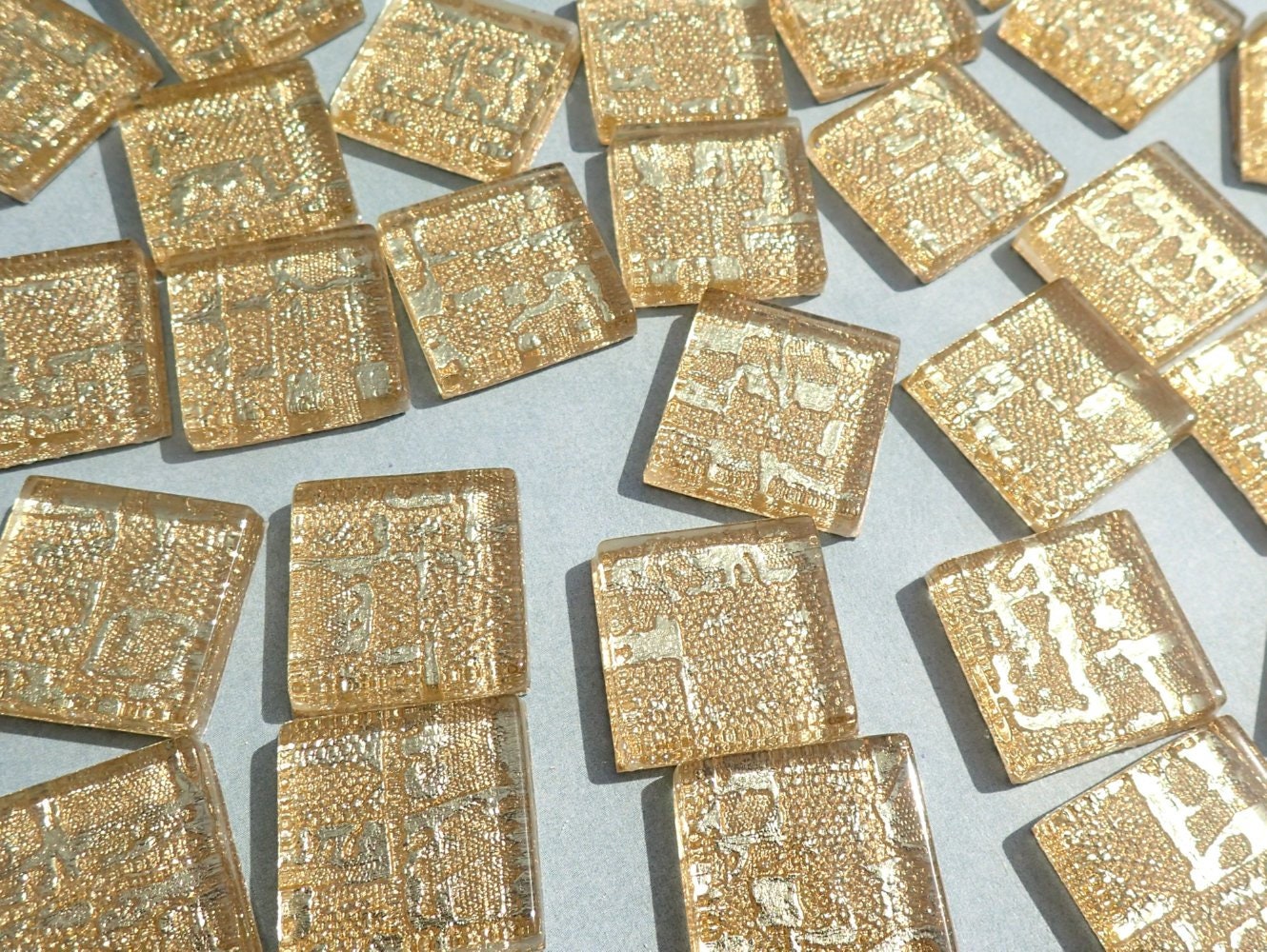 Textured Gold Foil Square Tiles - 25 Glass Mosaic Tiles - 20mm