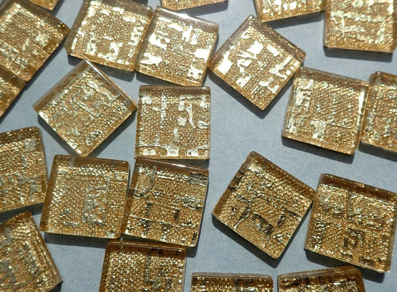 Textured Gold Foil Square Tiles - 25 Glass Mosaic Tiles - 20mm