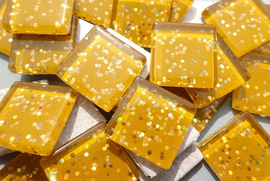 Harvest Gold Glitter Tiles - 20mm Mosaic Tiles - 25 Metallic Glass Tiles with Chunky Gold Glitter