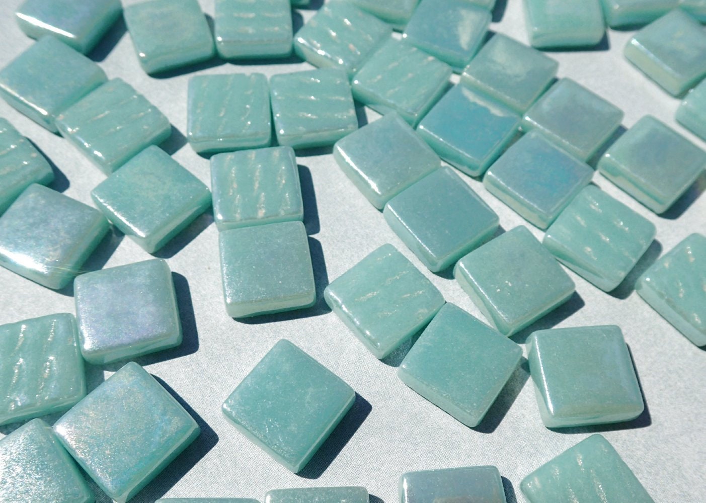 Light Teal Iridescent Glass Square Mosaic Tiles - 12mm - Opaque Glass Solid Color - 50g - Approx 35 Tiles