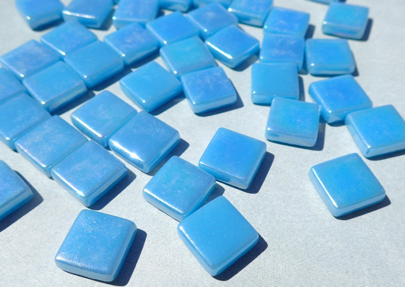 Lake Blue Iridescent Glass Square Mosaic Tiles - 12mm - Opaque Glass Solid Color - 50g of Squares in Dusk Blue - Approx 35 Tiles