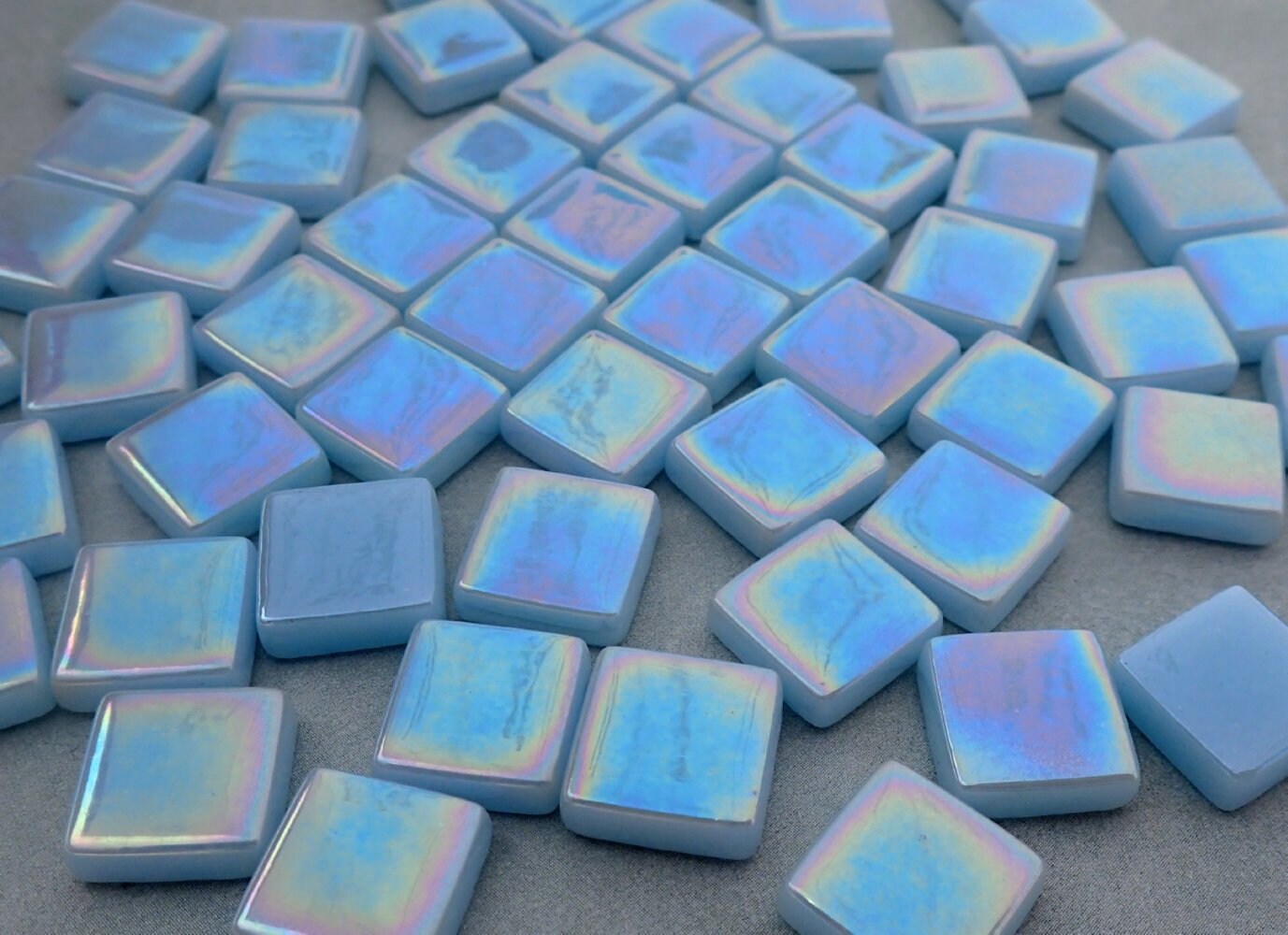 Aqua Blue Iridescent Glass Square Mosaic Tiles - 12mm - Opaque Glass Solid Color - 50g of Squares - Approx 35 Tiles