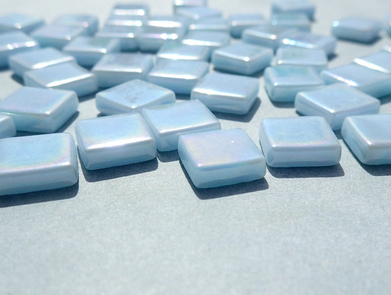 Aqua Blue Iridescent Glass Square Mosaic Tiles - 12mm - Opaque Glass Solid Color - 50g of Squares - Approx 35 Tiles