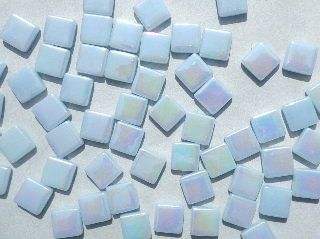 Aqua Blue Iridescent Glass Square Mosaic Tiles - 12mm - Opaque Glass Solid Color - 50g of Squares - Approx 35 Tiles