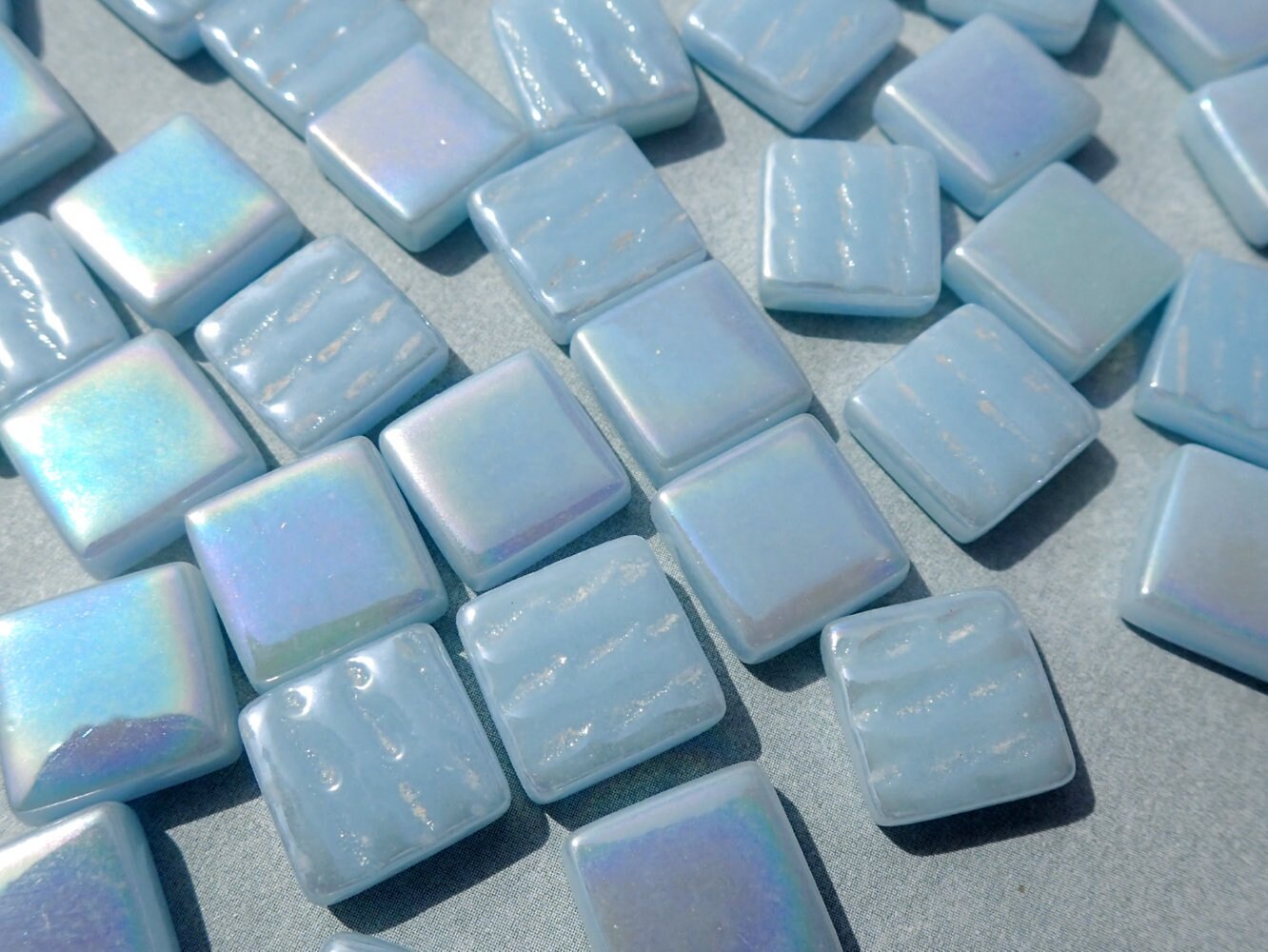 Aqua Blue Iridescent Glass Square Mosaic Tiles - 12mm - Opaque Glass Solid Color - 50g of Squares - Approx 35 Tiles