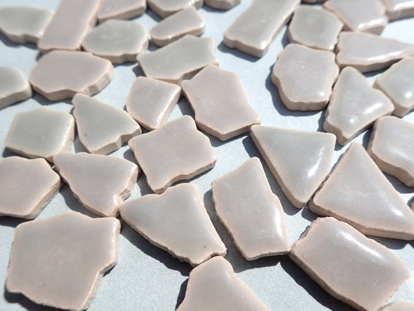 Gray Mosaic Ceramic Tiles - Jigsaw Puzzle Shaped Pieces - Half Pound - Assorted Sizes Random Shapes