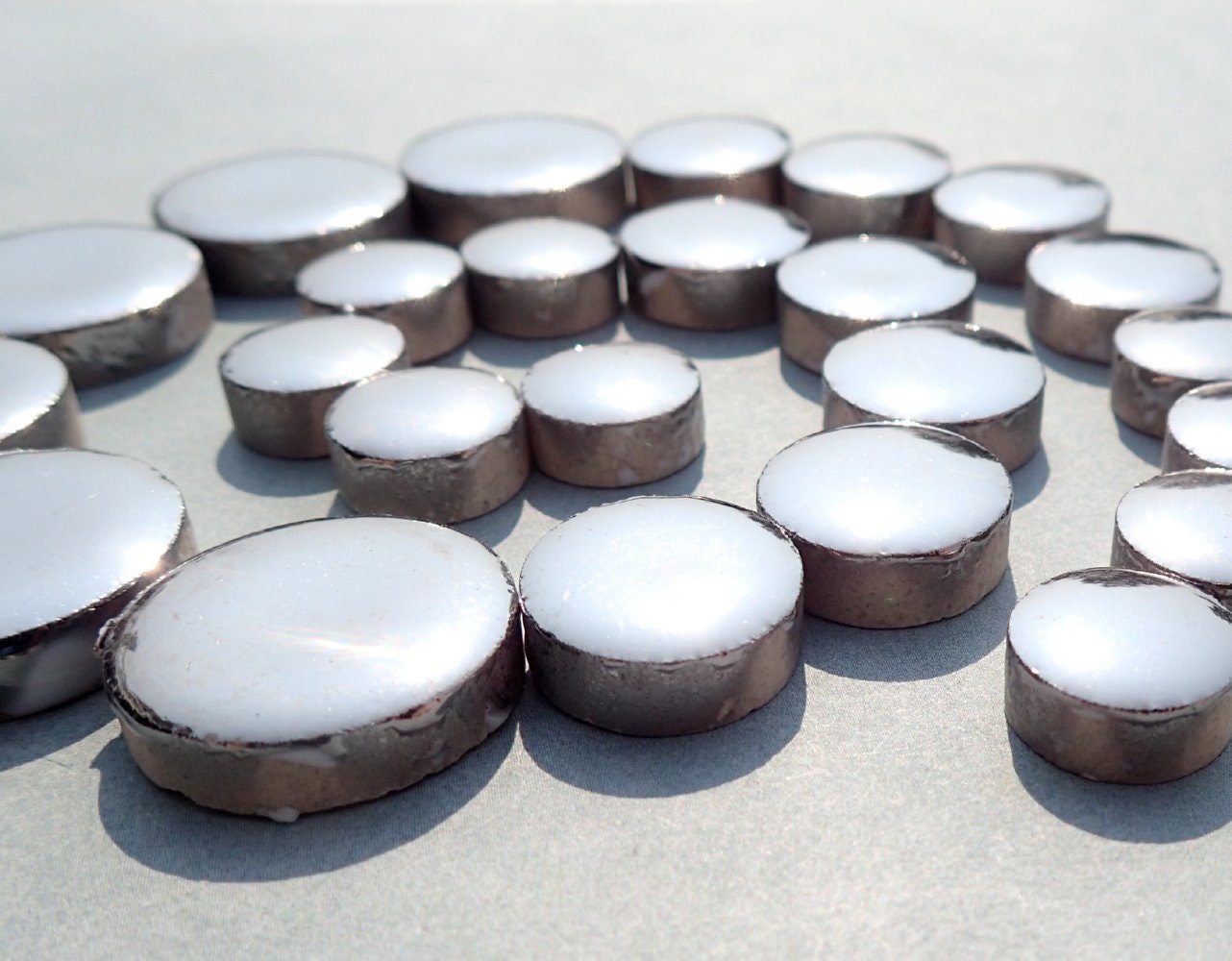 Silver Circles Mosaic Tiles - 50g Ceramic in Mix of 3 Sizes 1/2" and 3/4" and 5/8" Metallic