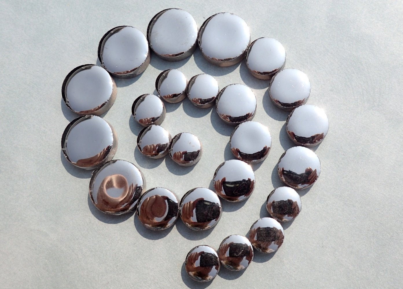 Silver Circles Mosaic Tiles - 50g Ceramic in Mix of 3 Sizes 1/2" and 3/4" and 5/8" Metallic