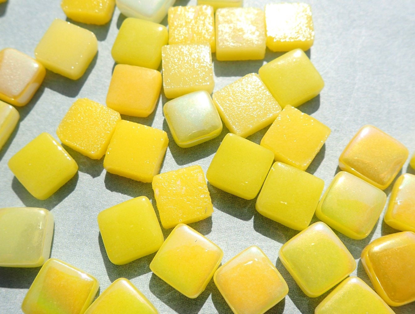 Ripe Lemons Mix Mini Glass Tiles - 8mm Square - 50 grams Opaque Glass Solid Color Mix of Bright and Pale Yellow Iridescent and Matte Tiles