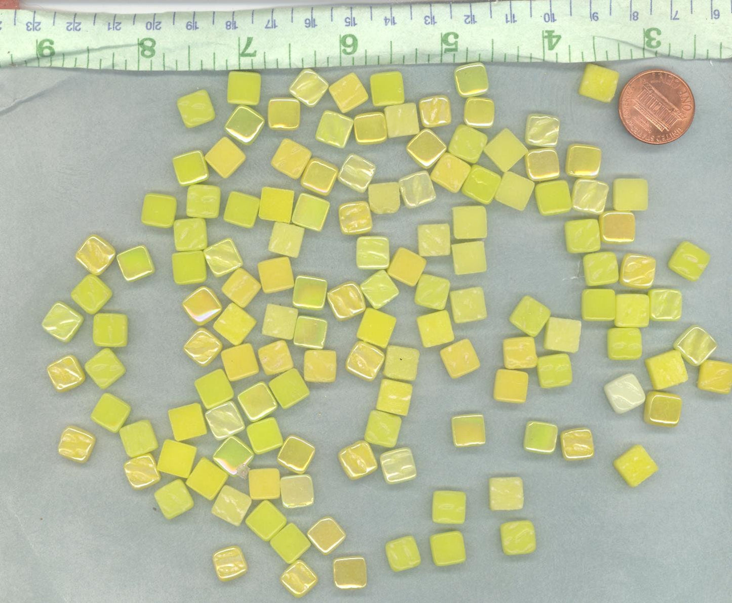 Ripe Lemons Mix Mini Glass Tiles - 8mm Square - 50 grams Opaque Glass Solid Color Mix of Bright and Pale Yellow Iridescent and Matte Tiles