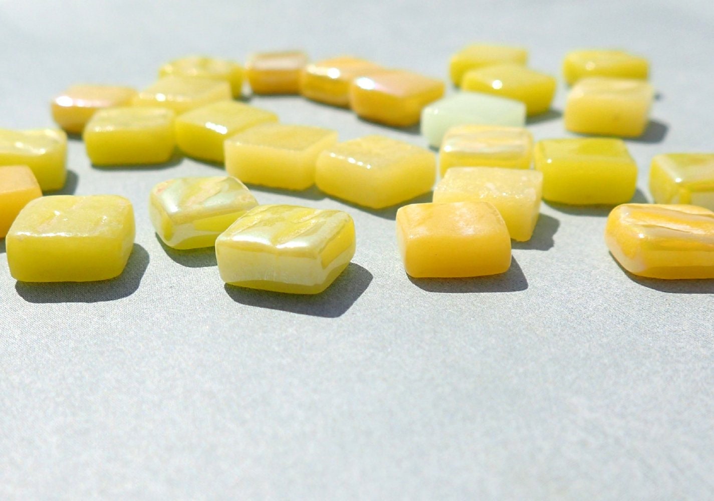 Ripe Lemons Mix Mini Glass Tiles - 8mm Square - 50 grams Opaque Glass Solid Color Mix of Bright and Pale Yellow Iridescent and Matte Tiles